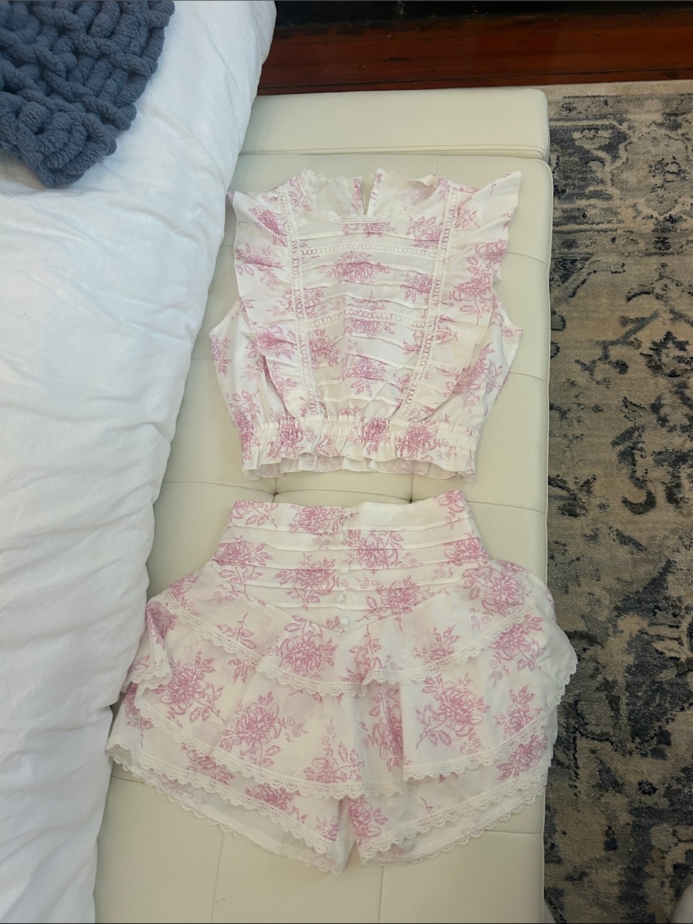 Floral Pink & Cream Two-Piece Crop Top and Ruffle Shorts Set
